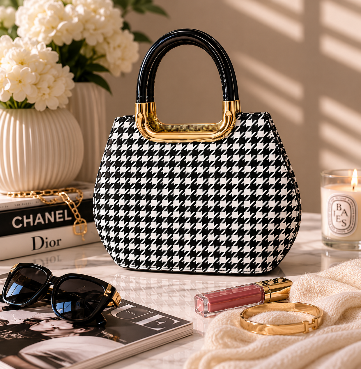 Sac rigide au motif pied de poule