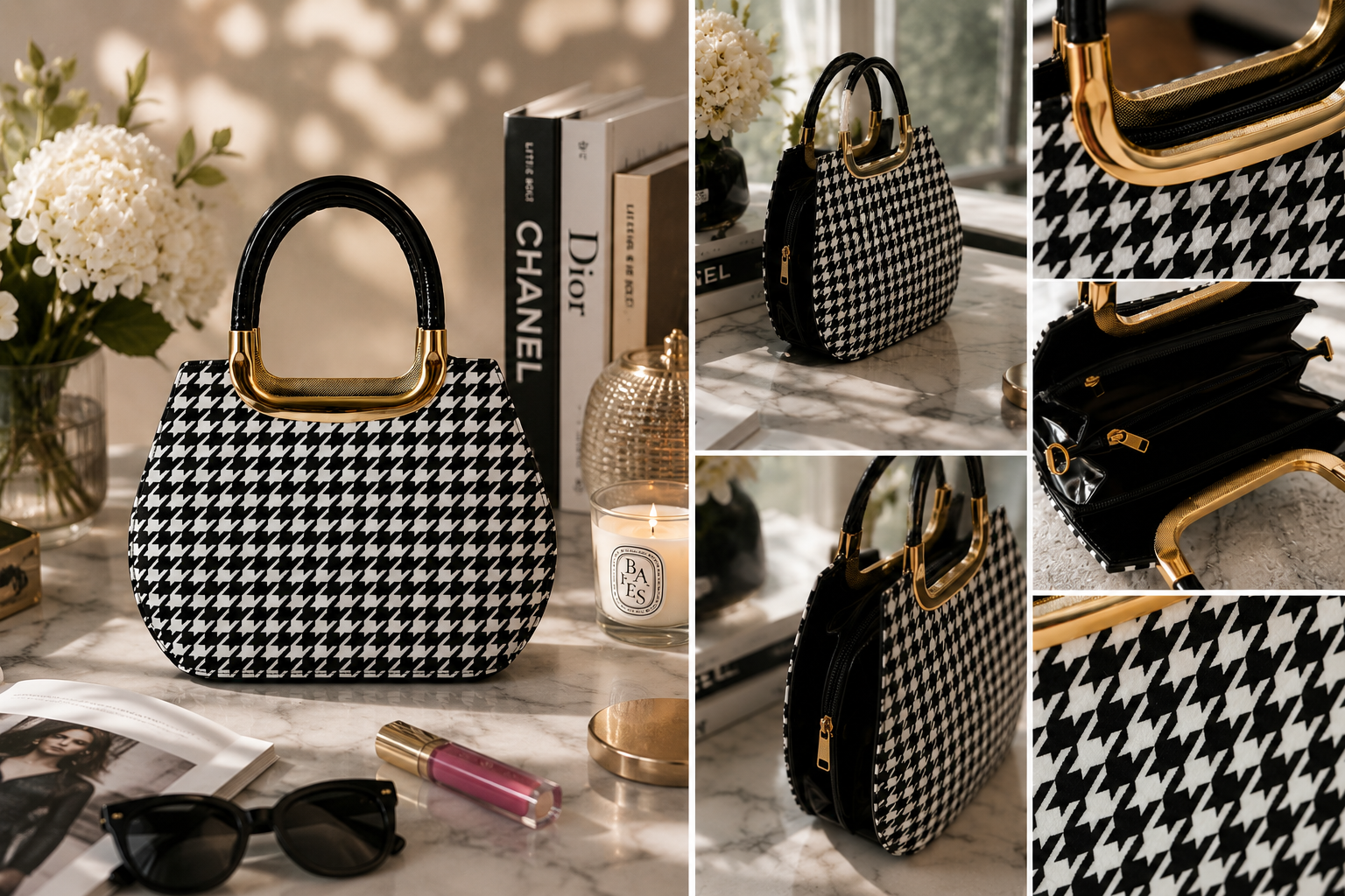 Sac rigide au motif pied de poule
