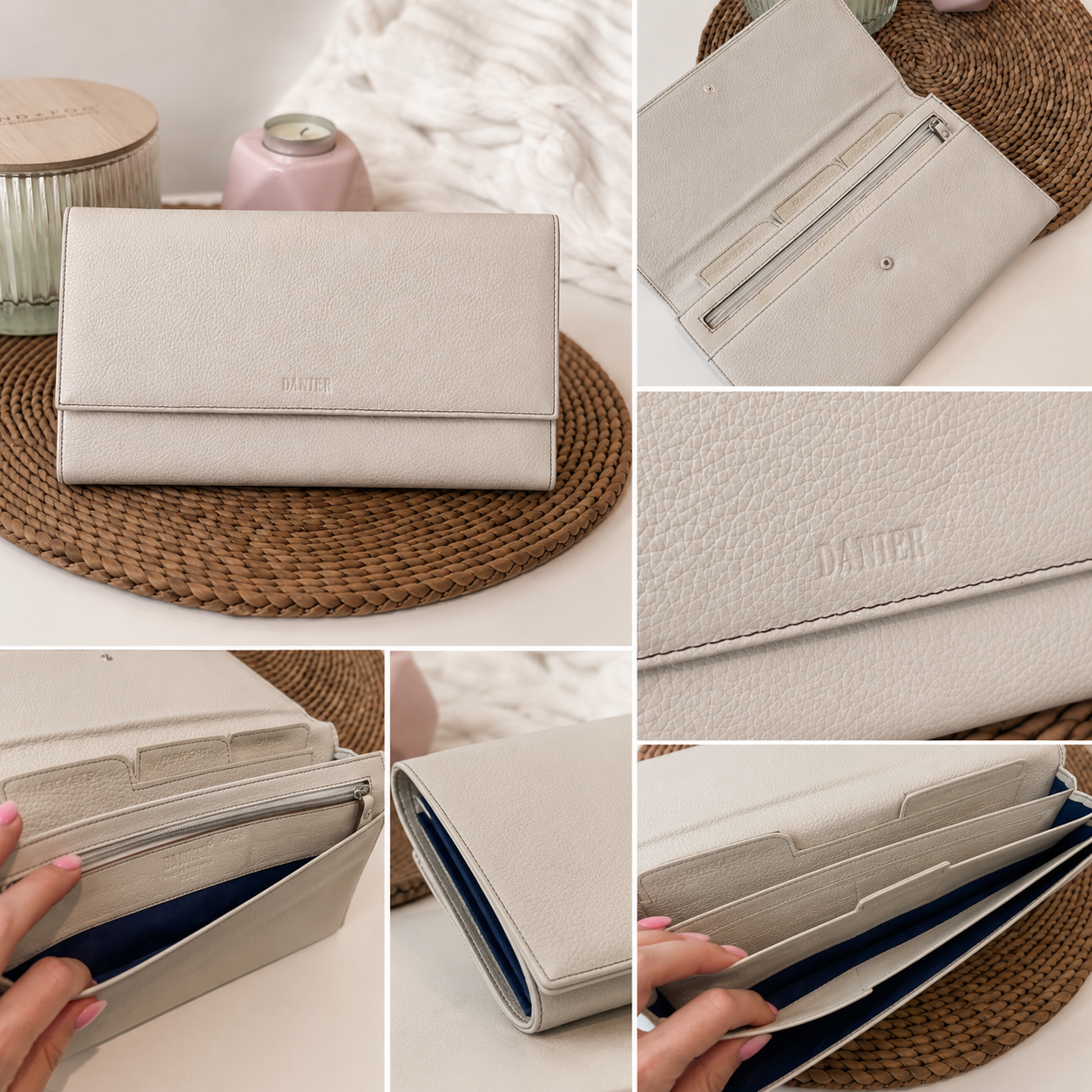 Pochette de voyage ou de soirée en cuir couleur crème de marque Danier